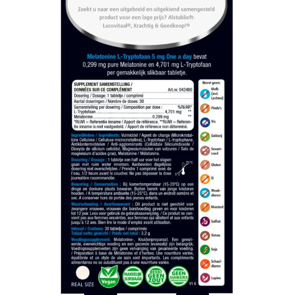 Lucovitaal Melatonine L-Tryptofaan 5mg Tabletten